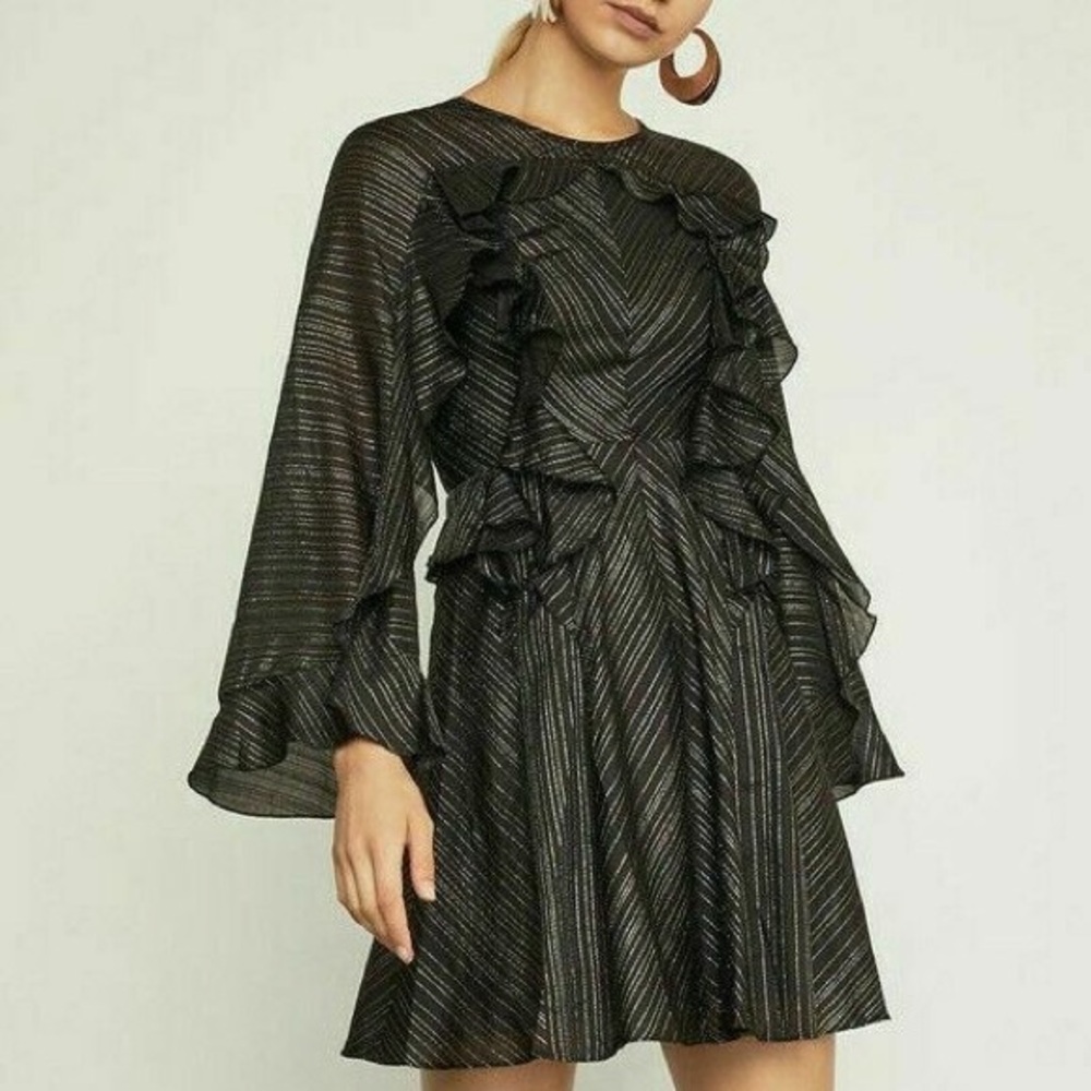BCBGMaxazria Metallic Ruffled Detail Black Silver & Gold Cocktail Dress Large - Picture 3 of 13